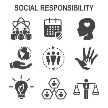 Social Responsibility Solid Icon Set w Honesty, integrity, collaboration, etc Stock Illustration