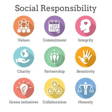 Social Responsibility Solid Icon Set w Honesty, integrity, collaboration, etc Stock Illustration