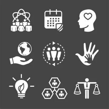 Social Responsibility Solid Icon Set w Honesty, integrity, collaboration, etc Stock Illustration