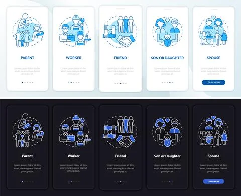 Social role example onboarding mobile app page screen Illustrazione stock