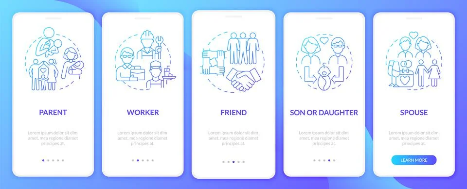 Social roles example blue gradient onboarding mobile app page screen Stockillustratie