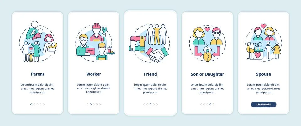 Social roles example onboarding mobile app page screen Stockillustratie