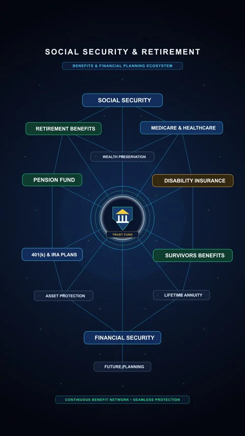 Social security network flowchart motion graphic with dark blue glow 스톡 동영상 347063295