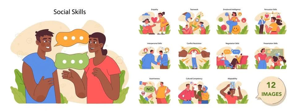 Social skills set. Flat vector illustration Stock Illustration
