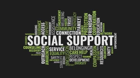 Social Support Typography Word Cloud with Community Care and Help Keywords .. Stock Illustration