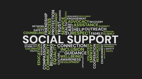 Social Support Word Cloud Typography Graphic on Dark Background Stock Illustration