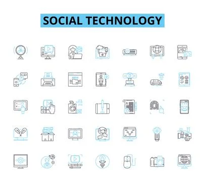 Social technology linear icons set. Nerking, Collaborative, Communication Illustrazione stock