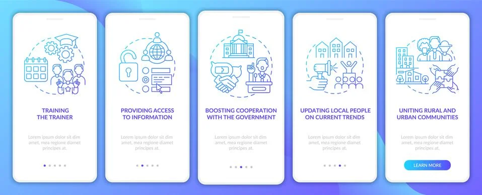 Social unit progress steps onboarding mobile app page screen with concepts イラスト素材