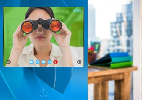 Social Video Chat App Interface with woman holding binoculars Stock Photos