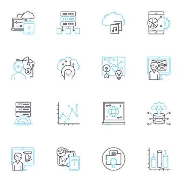 Social web linear icons set. Connect, Share, Nerk, Like, Tweet, Comment, Stream Stock Illustration