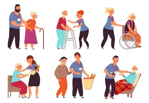 Social worker characters. Senior elderly care, old person taking help Stock Illustration