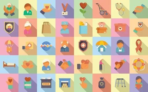 Social worker icons set flat vector. Care senior Ilustração Stock