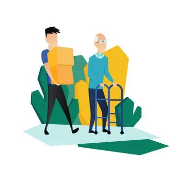 Social worker taking care about seniors people. Volunteer young people help Stock Illustration