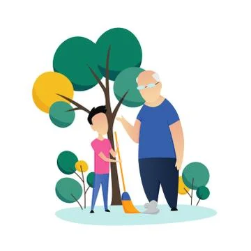 Social worker taking care about seniors people. Volunteer young people help Stock Illustration