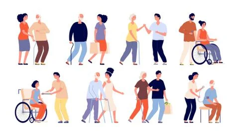 Social workers. Help group senior, volunteers. Support service community or Ilustração Stock