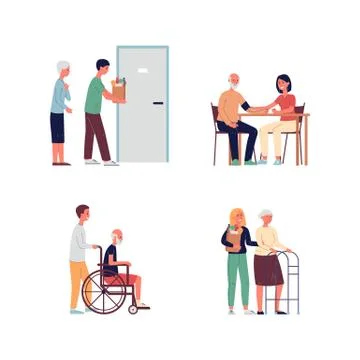 Social workers support elderly and disabled set of flat vector illustrations. Stock Illustration