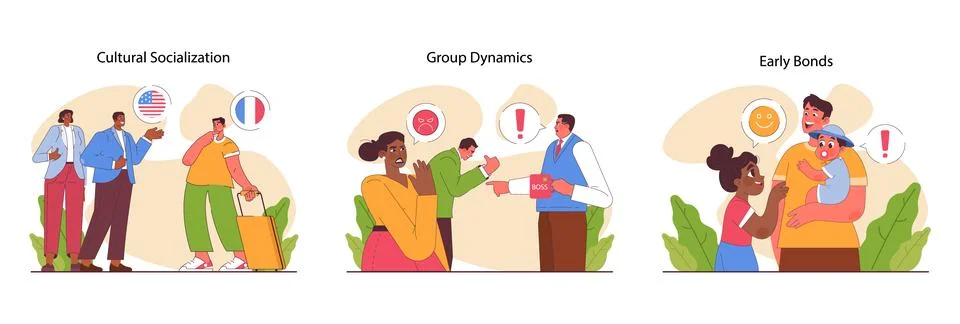 Socialization set. Communication skill development. People interacting, Stock Illustration
