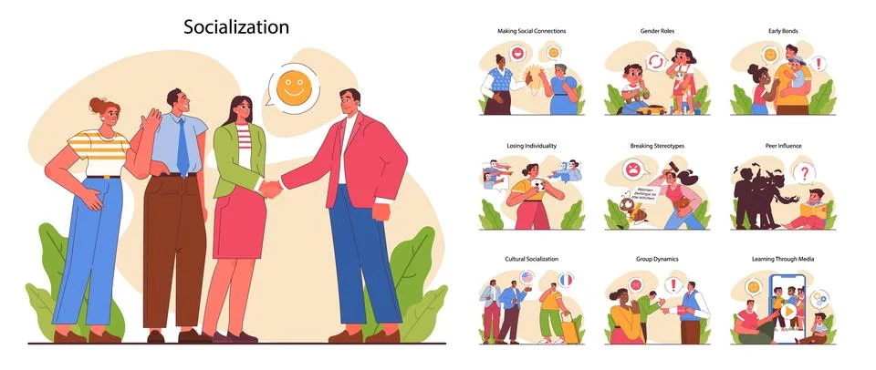 Socialization set. Communication skill development. People interacting, Stock Illustration