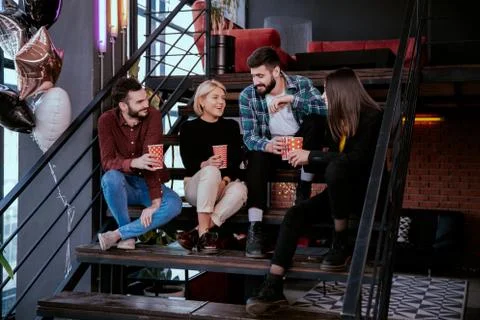 Socializing time at the break while all workers meeting each other and start Stock Photos