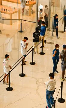 Socially distanced queue. Stock Photos