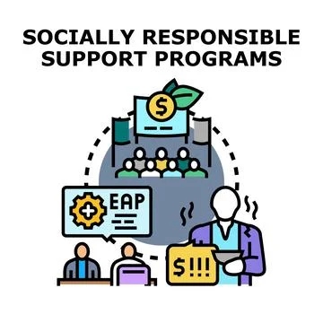 Socially responsible support programs helping employees and community Illustrazione stock