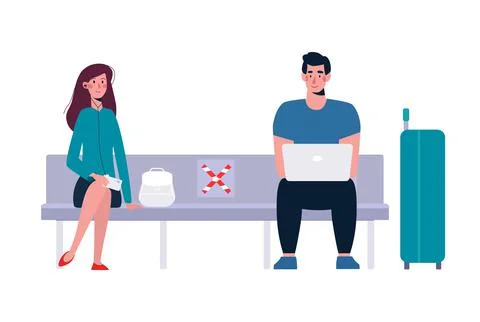 A socially safe distance between a man and a woman on the bench so as not to Stock Illustration