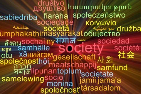 Society multilanguage wordcloud background concept glowing Stock Illustration