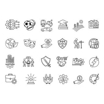 Society Sector Icon Set. Vector Icons Technology, Sports, Transport, Educat.. Stock Illustration
