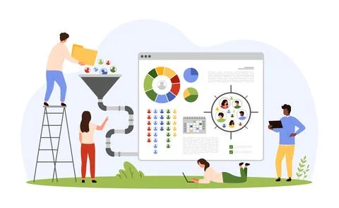 Sociology research and data processing, tiny people convert user information 스톡 일러스트