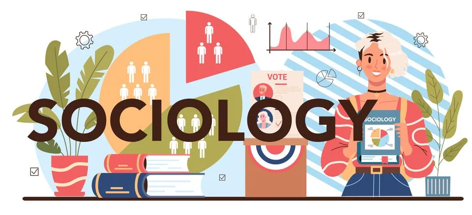 Sociology school subject typographic header. Students studying society Stock Illustration