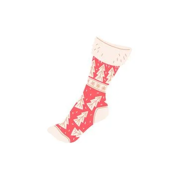 Sock decorated cute Christmas patterns, red knee sock with white Christmas trees Stock Illustration