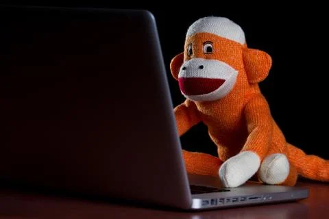 Sock monkey using a computer Stock Photos