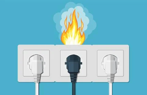 Socket and plug on fire from overload. Stock Illustration