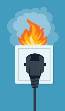 Socket and plug on fire from voltage overload. Vector flat illustration. 스톡 일러스트