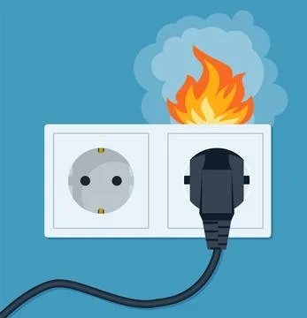 Socket and plug on fire from voltage overload. Vector flat illustration. 스톡 일러스트