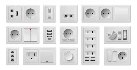 Socket and switch. Realistic electric power supply, on and off buttons or USB Ilustração Stock