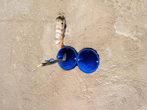 Socket box in the wall, socket box in the building wall. Electrical install.. Stock Photos