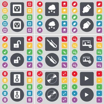 Socket, Cloud, USB, Lock, Microphone connector, Picture, Speaker, Disk, Media pl Stock Illustration
