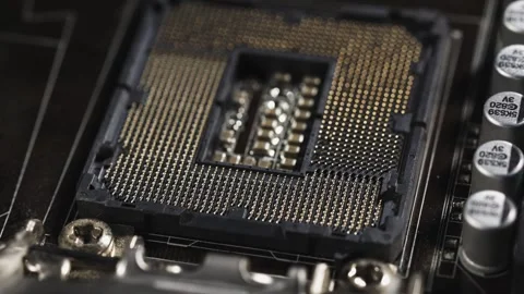 Socket of CPU Computer Processor on Electronic Motherboard. Stock Footage 312676787