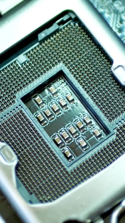 Socket For CPU processor on brown electronic circuit board Stock Footage 284207528