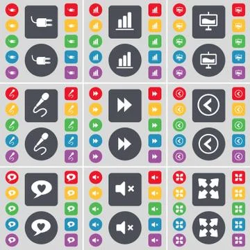 Socket, Diagram, Graph, Microphone, Rewind, Arrow left, Chat bubble, Mute, Full Stockillustratie