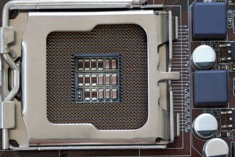 Socket electronics components on PC computer mainboard. Stock-Fotos