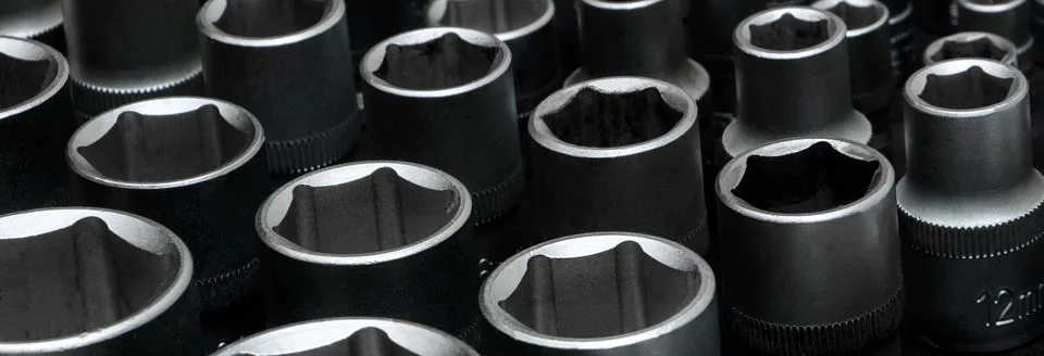 Socket heads, socket wrench, screwdriver close-up Stock Photos