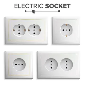 Socket Isolated Set Vector. White Double Grounded Power Switch. Plastic Panel Ilustração Stock