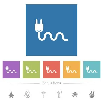 Socket plug and cable solid flat white icons in square backgrounds Stock Illustration