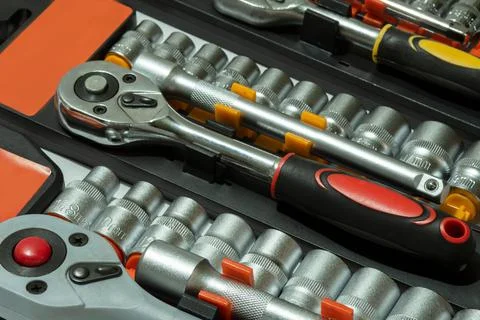 Socket set and socket wrench.Ratchet wrench. Stainless steel hexagon socket set. Stock Photos