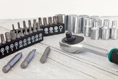 Socket set with a socket spanner or wrench Stock Photos