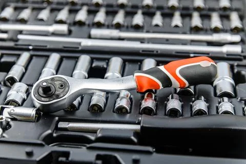 Socket set with socket wrench. Toolkit for the car maintenance Stock Photos