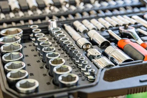 Socket set with socket wrench. Toolkit for the car maintenance Stock Photos