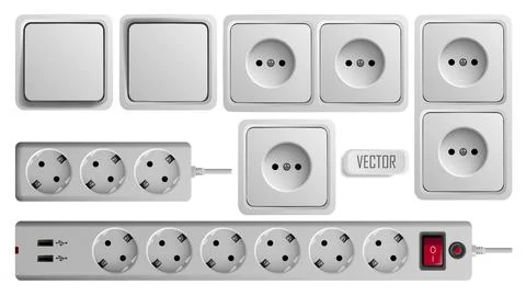 Socket, switch and extension vector outlet for electric plugs and electricity 스톡 일러스트